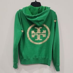 RARE Authentic Tory Burch Vibrant Green Hoodie with Gold Logos, Sz S